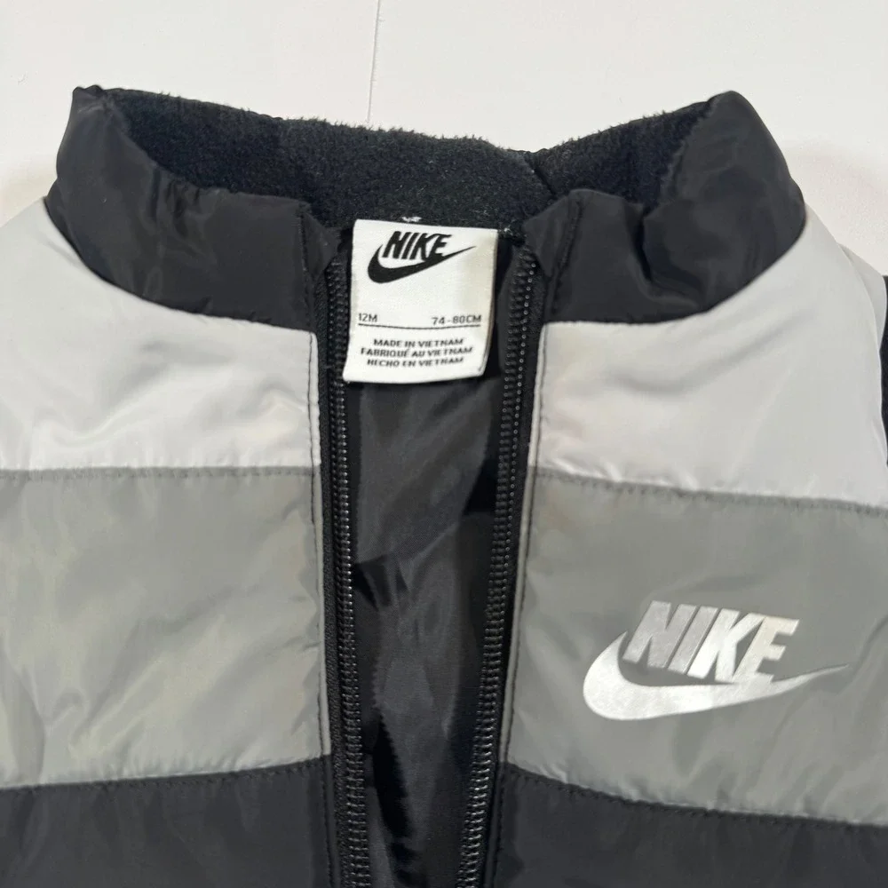 Nike Kids Puffer Vest Black Grey Colorblock Full Zip Fleece Lined 12M L642-023